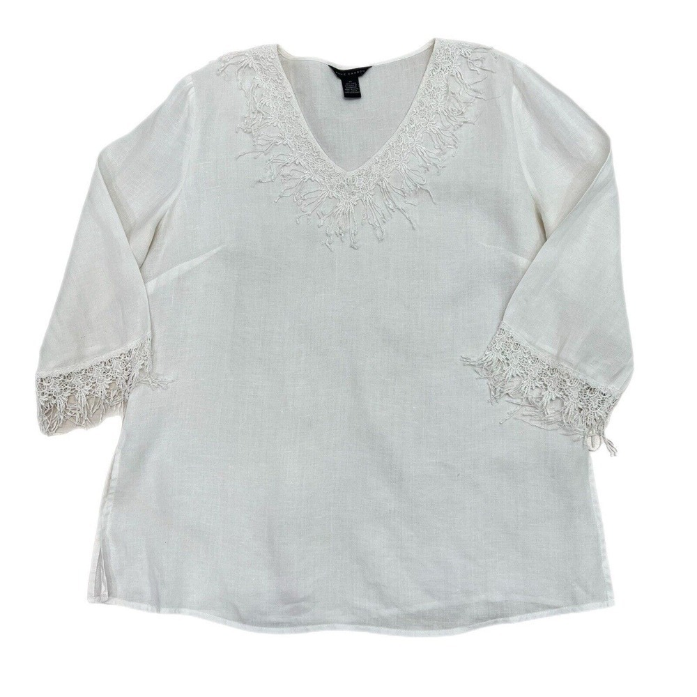 Anne Carson 100% Linen Top Tunic Size XL Ivory Lace Embroidered Beaded Blouse